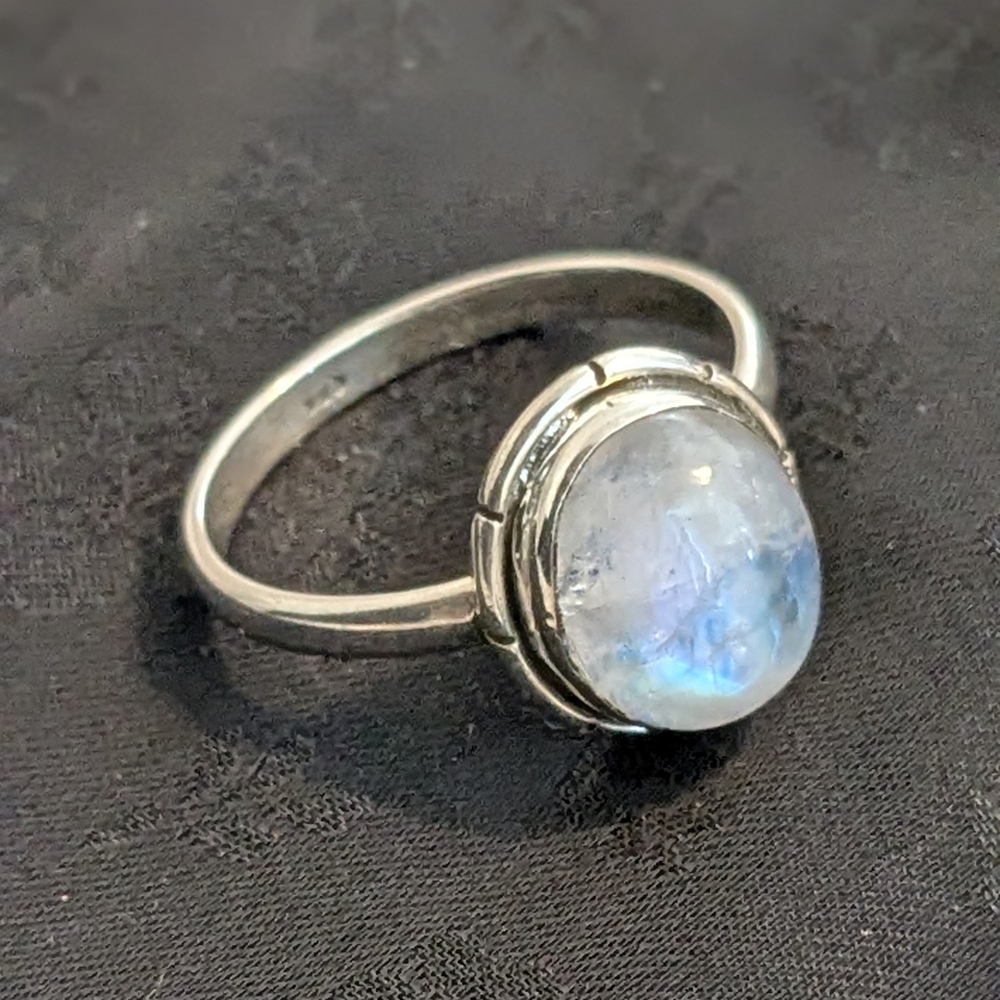 Reserved Solid Sterling Silver Natural Rainbow Moonstone Ring Size 8.5 - Picture 4 of 8